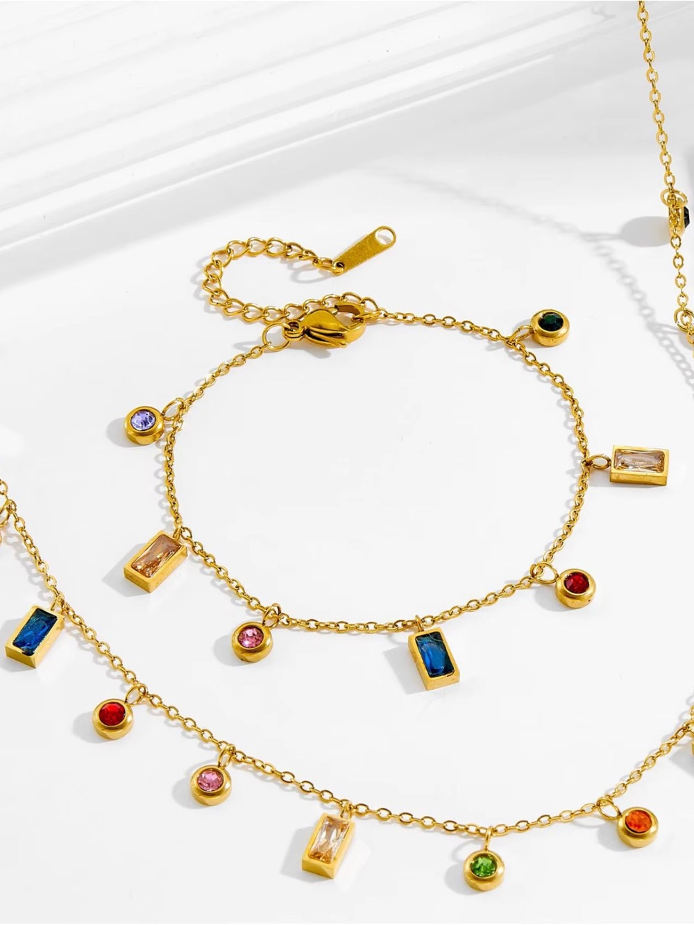 Gold-Tone Multi Gemstone Charm Bracelet - Colorful Dangle Chain